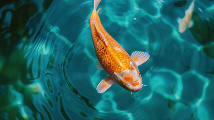 Witness the tranquility of a top-down view of an orange Koi fish in clear blue water. AI generative technology enriches underwater photography. - obrazy, fototapety, plakaty