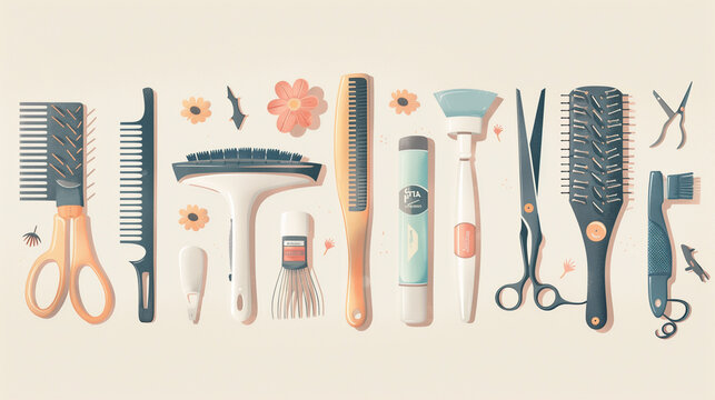 Vintage Hairdressing Tools and Accessories Illustration with Floral Elements