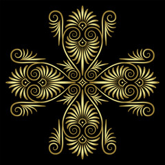 Ethnic ancient Greek cross shape ornament with spiral palmette motifs. Golden glossy silhouette on black background.