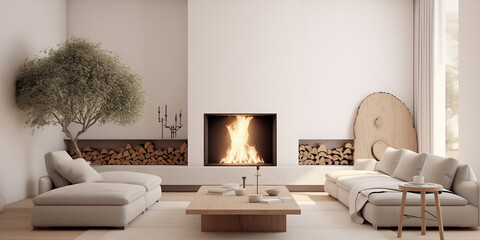 
A cozy corner fireplace with a stack of firewood, plush armchairs, and a wool rug.