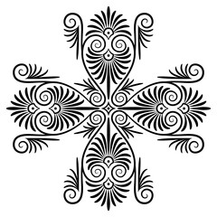 Ethnic ancient Greek cross shape ornament with spiral palmette motifs. Black silhouette on white background.
