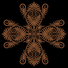 Ethnic ancient Greek cross shape ornament with spiral palmette motifs. Orange brown silhouette on black background.