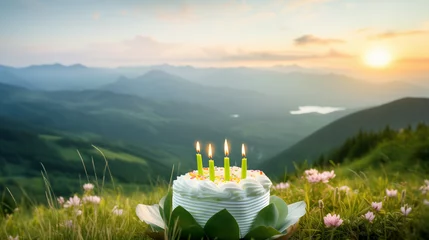 Cercles muraux Montagnes  birthday cake and landscape with flowers in the mountains