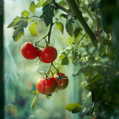 Discover the vibrant colors of ripe tomatoes hanging in lush green leaves, depicted in side view with multiple exposure. Blind box toys add a playful twist to this 4K high-detail image. AI generative 