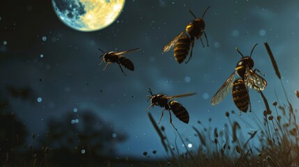 Black and yellow large wasps fly near the night moon