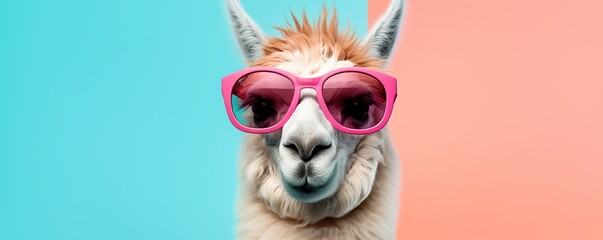 Funny llama with sunglasses on blue background