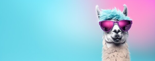 Funny llama with sunglasses on blue background - obrazy, fototapety, plakaty