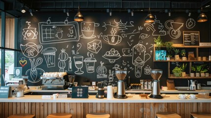 A board filled with colorful chalk drawings showcases the seasonal coffee specials and adds a playful touch to the modern and stylish . . - obrazy, fototapety, plakaty