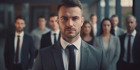 Man in suit stands in front of group of people