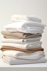 Stack of white and tan blankets on table