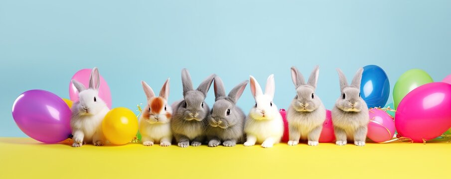 Group of rabbits with birthday candles on white background. Easter concept.