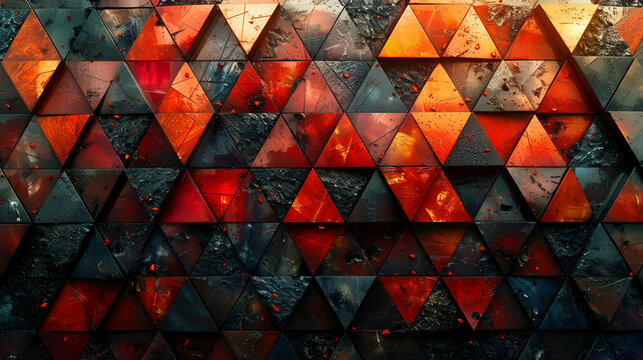 A fiery blend of geometric tessellations that meld warm and cool hues, creating a dynamic visual impact suitable for modern interior design applications