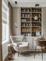 Discover the sophisticated charm of a study room with a modern creamy style superflat bookcase, Morandi hues, and inviting soft furnishings. UHD photos ensure high-quality imagery. AI generative.