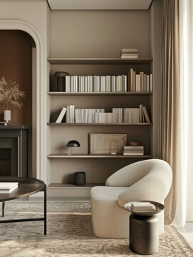 Step into a serene study room adorned with a modern creamy style superflat bookcase, Morandi color palette, and plush soft furnishings. Experience high-quality photos in UHD. AI generative.