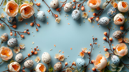 Elegant Easter Composition, Decorated Eggs Among Blossoming Flowers, Ideal for Festive Springtime Invitations, Seasonal DIY Project Ideas, and Holiday Event Announcements, Top View with Copy Space - obrazy, fototapety, plakaty