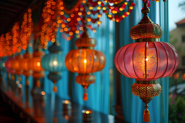 Naklejka premium Oriental Lanterns Adorning a Festive Walkway, Asian Inspired Event Decor, Suitable for Cultural Festivity Brochures, Venue Lighting Solutions, and Holiday Celebrations