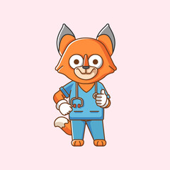 Cute fox doctor medical personnel chibi character mascot icon flat line art style illustration concept cartoon