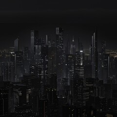 Futuristic urban skyline at night, illuminated, architectural photography, city lights