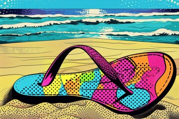A close-up of a colorful flip-flop half-buried in the sand, rendered in a pop art style with bold outlines - obrazy, fototapety, plakaty