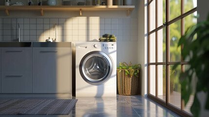 Elevate your laundry routine with the efficiency and durability of UltraWash's sleek washing machine. AI generative.