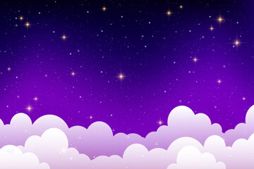 Fototapeta premium Night cloudy sky. Purple and blue abstract space with stars and sparkles. Cute dreamy wallpaper with magic light. Dark evening heaven landscape. Vector gradient sunrise with twilight calm dusk.