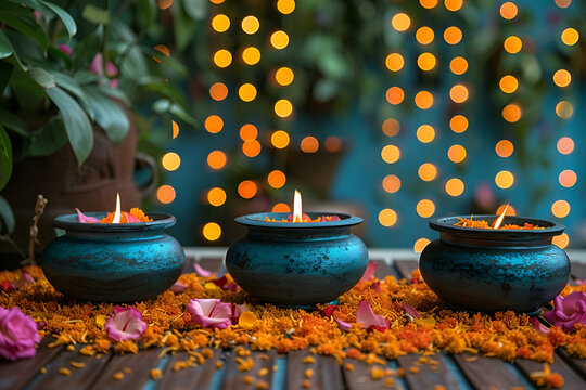 Festive Diya Lamps on Wooden Surface, Indian Diwali Celebration, Cultural Festival Background, Suitable for Event Invitations, Spiritual Workshop Flyers, copy space