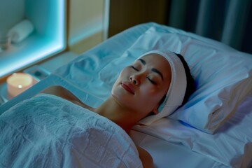 facial treatment with a focus on relaxation, a model sleeps soundly on a spa bed after a rejuvenating facial
