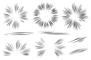 Manga speed lines effect. Vector comic motion elements. Action graphic flash burst and explosive boom isolated on white background. Abstract graphic illustration.