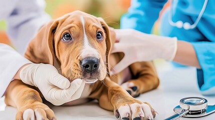 Veterinarians examine sick dog in a veterinary clinic, provide assistance, care, preventive examination and vaccinations. Veterinary Consultation