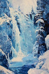 A frozen waterfall in pop art, contrasting blues and whites, textured ice formations