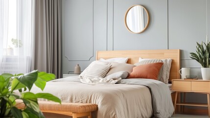 Scandinavian Interior design of  bedroom with a wooden bed, beige and white bedding, a round...