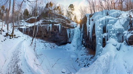 A frozen waterfall suspended in time, intricate ice formations glistening, wide panoramic format