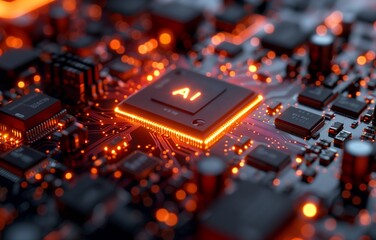Closeup of a computer chip, a key circuit component on a motherboard