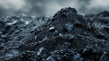 An artistic image of a mound of dark crumbly soil with bits of charred material mixed in. This represents the biochar a byproduct of the bioethanol production process and serves as . - obrazy, fototapety, plakaty