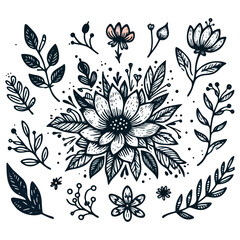 hand drawn flower vector illustration.  flower set line art isolated vector illustration. 