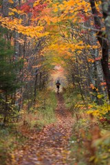A lone runner disappearing into a tunnel of vibrant autumn foliage on a single-track forest trail