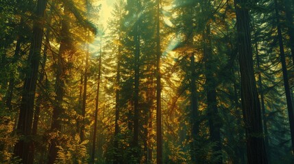 A majestic redwood forest bathed in morning light, panoramic vista emphasizing the towering trees - obrazy, fototapety, plakaty
