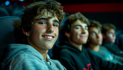 Joyful Cinema Gathering: Teenage Boys Smiling in Close-Up at Movie Screen, Immersed in Film Magic.