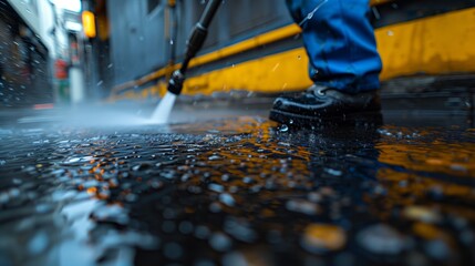 Using high pressure washer to clean asphalt road surface