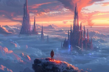 Landscape of futuristic city with person seen standing on edge of cliff