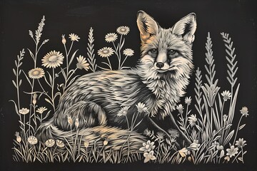 Illustration o a fox laying in field 