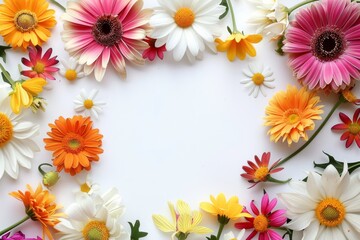 Obraz premium Assorted vibrant flowers arranged on white background. colorful flowers meticulously arranged on a white backdrop displaying a brilliant spectrum of colors and showcasing a variety of species