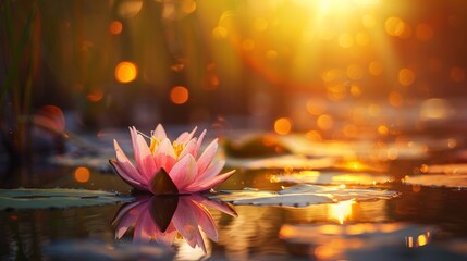 Advertising - testimonial photo of lotus flower reflected in the water under sunset with bokeh