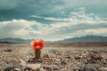 A single blooming cactus flower in a harsh desert landscape, a symbol of resilience
