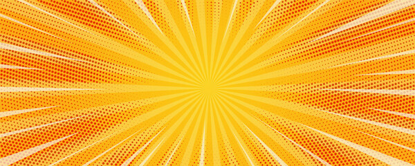 Comic yellow background. Orange pop art sunburst pattern. Retro vector explosion with halftone effect. Abstract superhero wallpaper