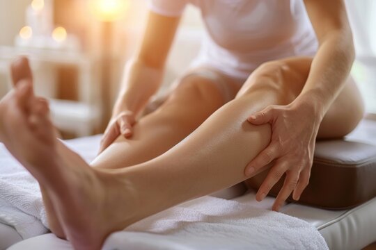 A sports massage in a modern spa setting: the focus is on an athletes powerful legs receiving deep, targeted massage strokes