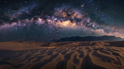 A sweeping panorama of rolling sand dunes under a starry night sky, the Milky Way visible