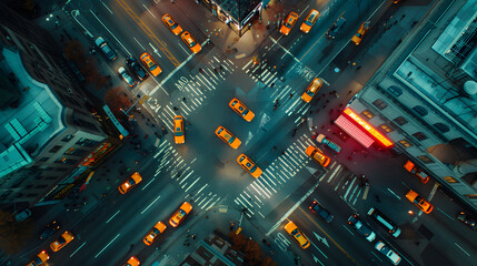 Nighttime Aerial View of Busy urban City Street with Traffic and Pedestrians. 