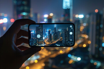 Fototapeta na wymiar Explore the city from the palm of your hand with this captivating image of a cityscape popping up from a smartphone screen. AI generative.