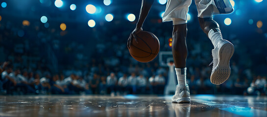 Basketball player in action on the court, African American, blurred background, with copy space
